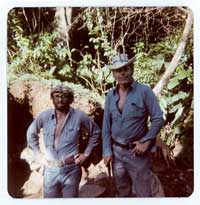 Jim Sarten and unknown companion in Costa Rica panning for gold around 1977 or 1978